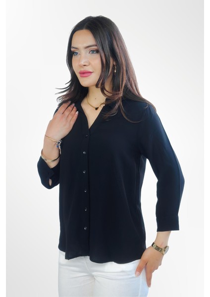 Lupinn Moda Siyah Regular Fit Viskon Düz Uzun Kollu Kadın Gömlek