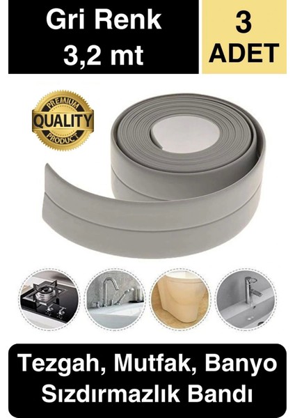 Premium Gri Ocak Tezgah Kenarı Banyo Mutfak Sızdırmaz Bant Su Geçirmez Küfe Dayanıklı 3,2 mt 3 Adet