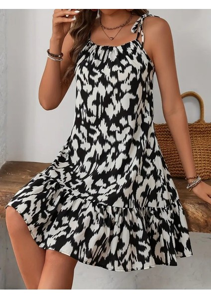 Kadın Omuzdan Bağlamalı Desenli Fırfırlı Süprem Elbise (Büyük Bedenleri Mevcuttur)