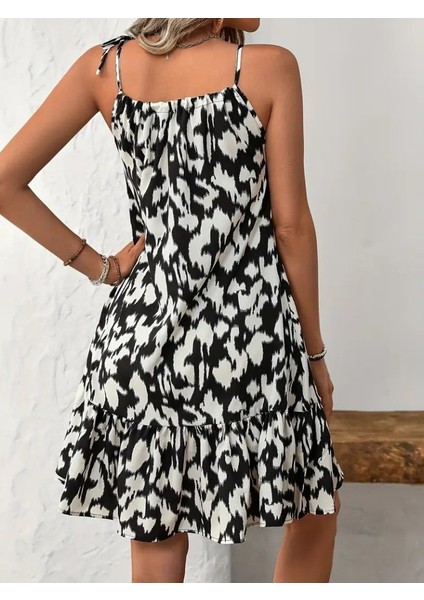 Kadın Omuzdan Bağlamalı Desenli Fırfırlı Süprem Elbise (Büyük Bedenleri Mevcuttur)