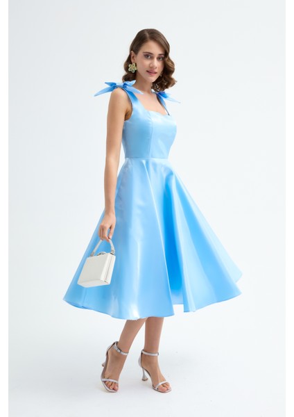 Kadın Bebe Mavi Fiyonk Detay Midi Abiye Elbise