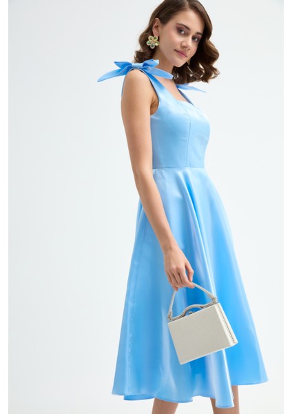 Kadın Bebe Mavi Fiyonk Detay Midi Abiye Elbise modelleri