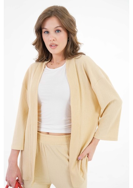 Bej Kıraşlı Kumaş Kimono - Pantolon Örme Takım