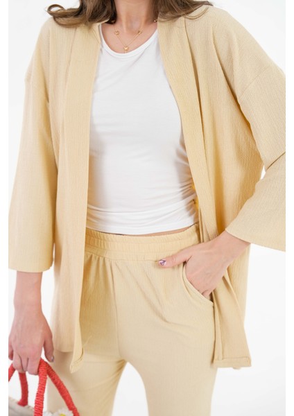 Bej Kıraşlı Kumaş Kimono - Pantolon Örme Takım