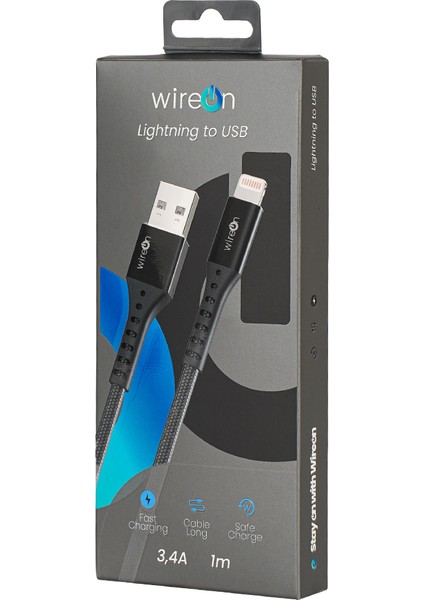 USB Iphone Lightning Siyah Örgülü Hızlı Şarj Kablosu (3.4A - 1 Metre ) - Lightning USB Fast Charging