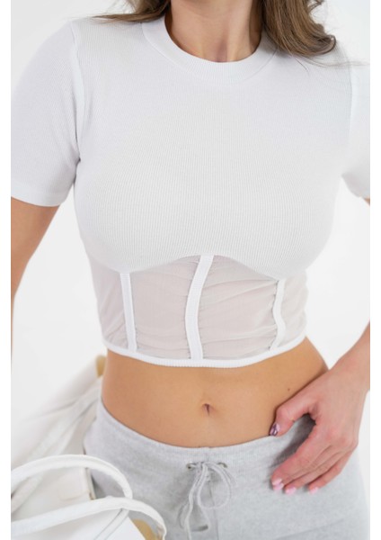 Beyaz Tül Detaylı Fitilli Örme Crop Bluz fiyatları