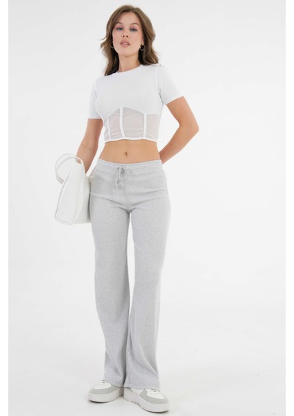 Beyaz Tül Detaylı Fitilli Örme Crop Bluz modelleri
