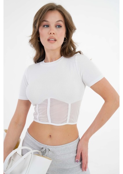 Beyaz Tül Detaylı Fitilli Örme Crop Bluz fırsatları