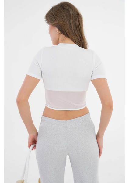 Beyaz Tül Detaylı Fitilli Örme Crop Bluz indirimleri