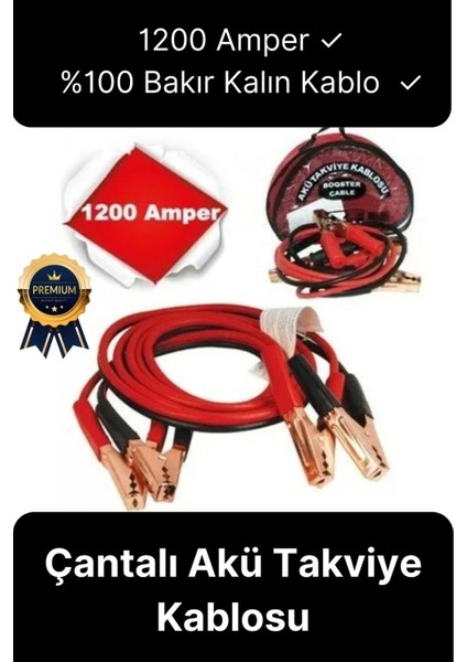 Çantalı %100 Bakır Kalın Kablo ve Hızlı Şarj Güçlü 1200 Amper Oto Araç Akü Şarj Takviye Kablosu 2m