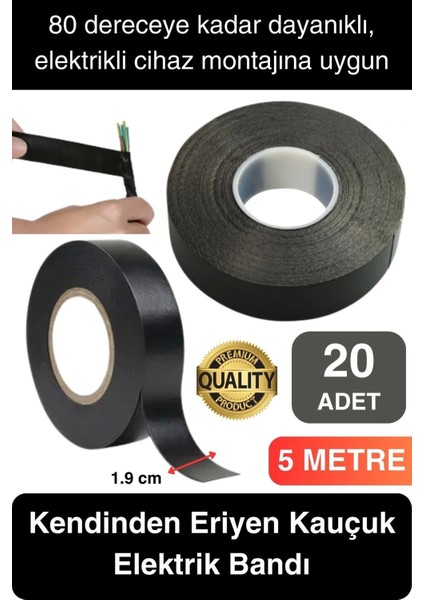 Süper Güçlü 20 Adet Siyah Kauçuk Kendinden Eriyen Bant Elektrik Sızdırmazlık Bandı 5 mt 1.9 cm
