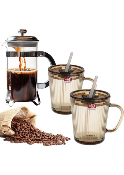 Adet Kapaklı Pipetli Cam Kupa Bardak Çay Kahve Meşrubat Tatlı Bardağı Kahverengi 370 ml