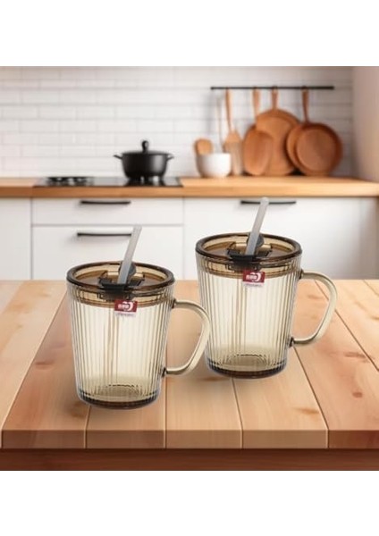 Adet Kapaklı Pipetli Cam Kupa Bardak Çay Kahve Meşrubat Tatlı Bardağı Kahverengi 370 ml