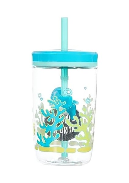 Yüzen Köpek Baliği Pipetli Tritan Bardak 420 Ml, Mavi