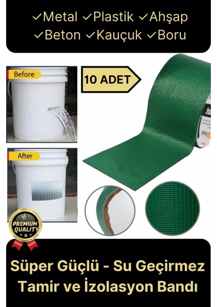 Premium Dayanıklı Süper Güçlü Su Geçirmez Sızdırmaz Yeşil Tamir ve Izolasyon Bandı 48MM x 10M-10ADET