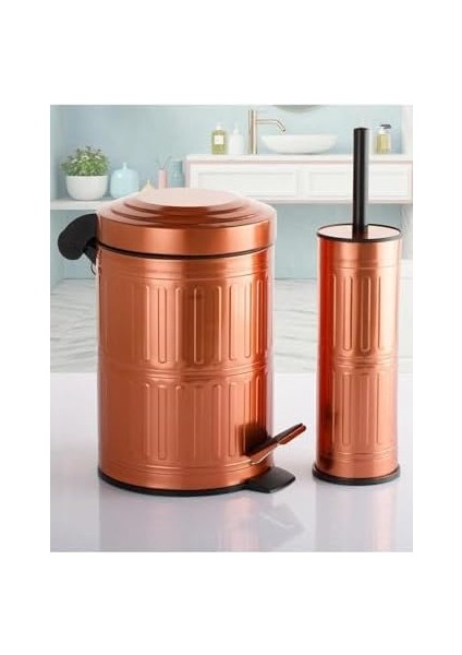Store Haus Pedallı Çöp Kovası Wc Fırça Set Krom 5 lt Vintage Bakır