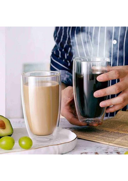 Çift Cidarlı Iki Katmanlı Çift Camlı Bardak, Kupa - Cappucino Latte Kahve Bardağı - Borosilikat Cam - Yalıtımlı, 350 ml