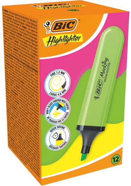 Marking Flat Higlighter Fosforlu Kalem 12'li Kutu, Yeşil Fosforlu Kalem, Su Bazlı, Hızlı Kuruyan Mürekkep