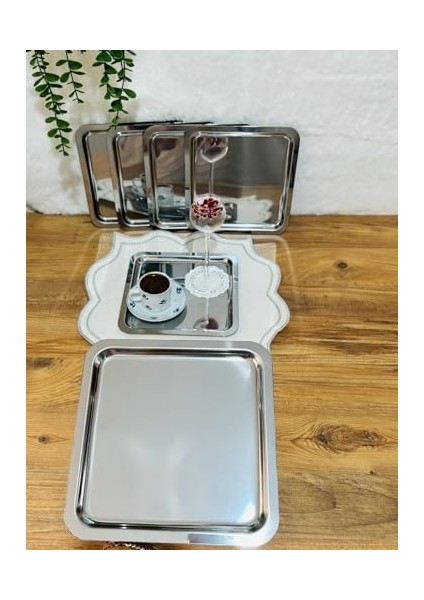 Paslanmaz Çelik 21X21 Kare Çay, Kahve, Pasta Servis Tepsisi Sunum Tepsisi Dekoratif Sunum Tepsisi