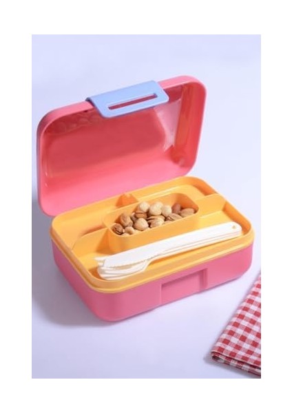 Design Kendinden Kaşıklı 5 Bölmeli 2 Katlı Beslenme Kutusu (Pembe)
