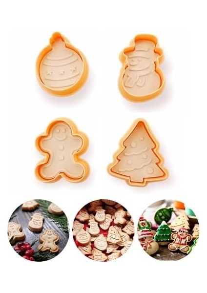 Şekilli Adam Çam Ağacı Basmalı Kurabiye Kalıbı Gingerbread Man Desenli Şeker Hamuru Kesici Aparat (Konsept 1, Krem-Turuncu)