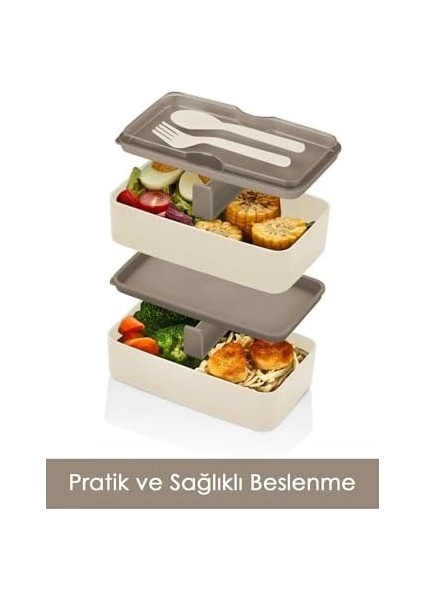2 Katlı Ayarlanabilir Dikdörtgen Beslenme Kabı - Çatal Kaşık Servisli Yemek Saklama Kutusu Bej (NKS156)