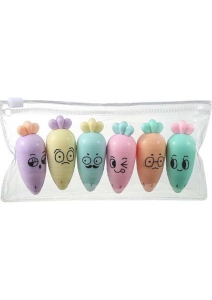 Fosforlu Kalem 6 Lı Mini Boy Pastel Renkler Havuç Yüz Ifadeli Işaretleme Kalemi, Çok Renkli