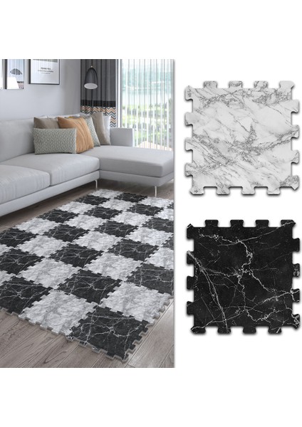 Dijital Baskılı Mermer Desenli Siyah-Beyaz Taraftar Halısı-Mutfak-Oturma Odası-Salon Halısı/yapboz Halı/puzzle Halı/ Japon Halı