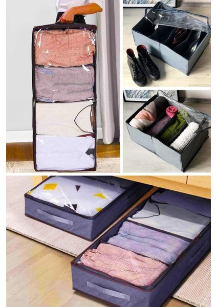 Çağur Siyah Ayakkabı ve Giysi Saklama Taşıma Hurcu Seti, 2 Parça, 4 Bölmeli ve Tek Bölmeli Y