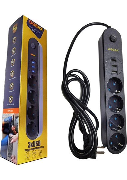 Termal Akım Korumalı Grup Priz ve 3 Lü USB Şarj Aleti