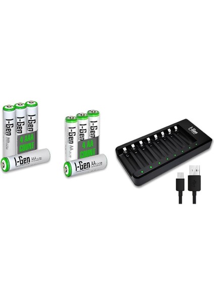 G879 8'li Pil Şarj Aleti + 4 Adet Aa 2700 Mah + 4 Adet Aaa 900 Mah Şarjlı Kalem Pilli Set 1.2V Ni-Mh