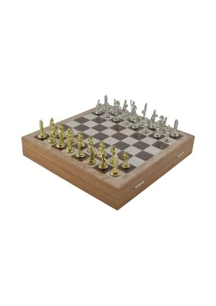 Orta Boy Metal Yunan Satranç Takımı Parlak ve Rustik Desenli Sandıklı Mdf Tahtası (36X36X6 Cm.)