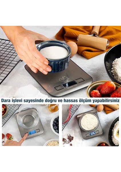 Dijital Mutfak Terazisi - Paslanmaz Çelik Yüzeyli Hassas Mutfak Tartısı - Dara Işlevi, LED Ekran, 5 Birim Dönüştürme ve Otomatik Kapanma Özellikli - 5 kg Tartı Kapasitesi