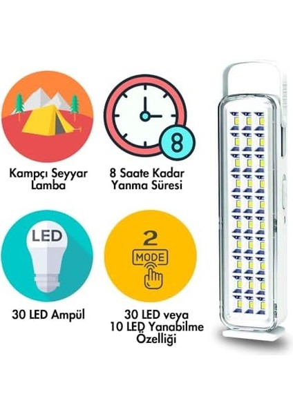 30 Ledli Solar Işıldak, 6500 Kelvin Beyaz Işık, Şarj Edilebilir 2000MAH Batarya, Taşınabilir ve Asılabilir Kampçı Lambası - 206489