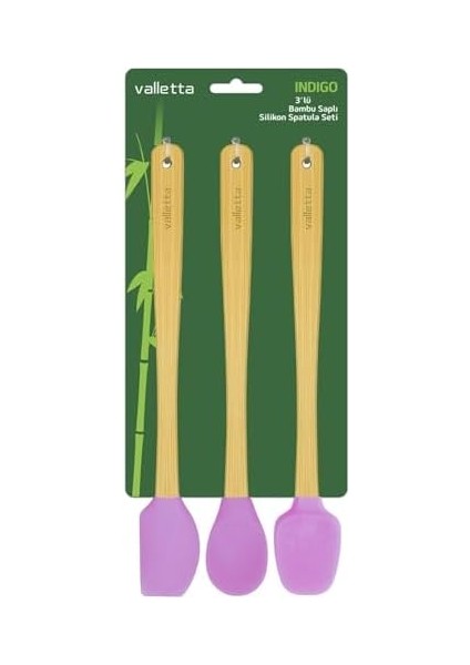 Indigo 3'lü Pembe Bambu Silikon Spatula Seti Uzun 26 cm VLT1508