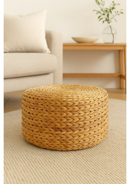 Doğal Hasır Örgü Puf Minder, El Yapımı Dekoratif Tamamlayıcı, Bohem, Iskandinav Stil, 40 x 20 cm