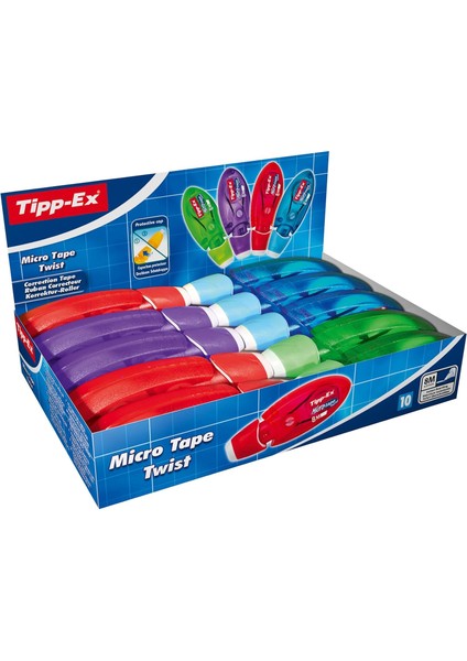 Tipp-Ex Micro Tape Twist Düzeltme Rulosu, Koruyucu Kapaklı, 4 Renk, 8 M x 5 Mm, 10'lu Paket, Ofis, Ev Ofis Veya Okul Için Ideal