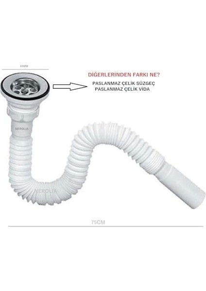 Lavabo Gider Hortumu/körüklü Lavabo Sifonu/eviye Gider Borusu (Paslanmaz Çelik Süzgeçli ve Vidalıdır)