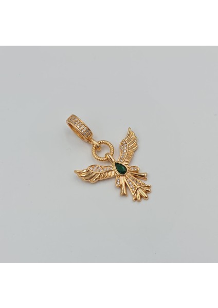 Anka Kuşu Figürlü Kolye Ucu – Rose Gold Xuping, Zirkon Taşlı, Yeşil Damla Taş Detaylı, 6 mm Halka (3,9 x 2,5 Cm)