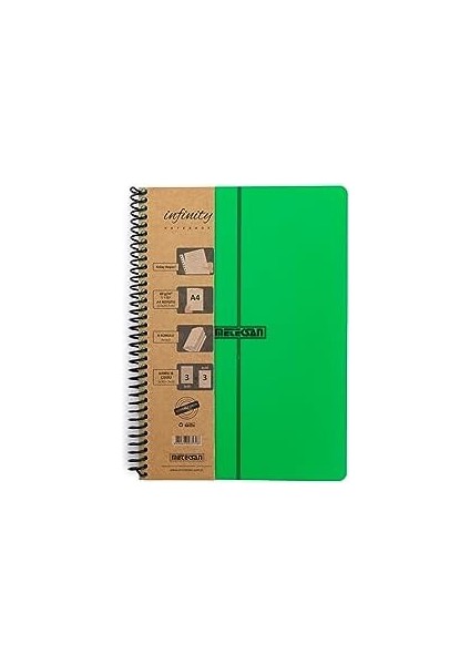 Infinity Primary Serisi, A4, 6 Konulu (3 Kareli, 3 Çizgili) 180 Yaprak Pp Kapaklı Spiralli Defter, Yeşil
