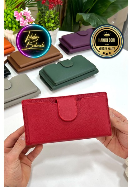 Unisex Kırmızı Zurich Hakiki Deri Telefon Bölmeli Cüzdan