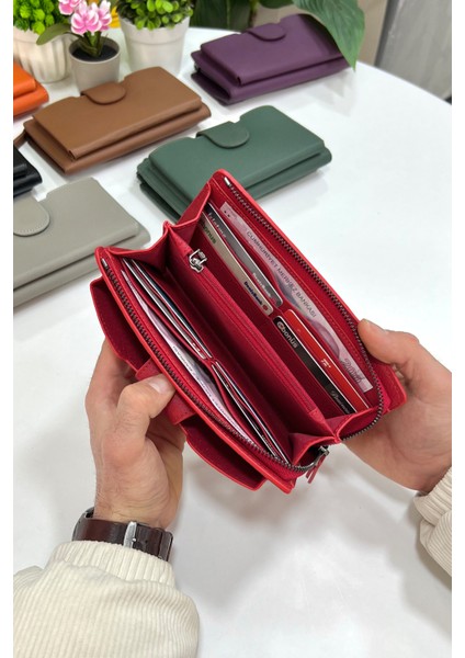 Unisex Kırmızı Zurich Hakiki Deri Telefon Bölmeli Cüzdan fırsatları