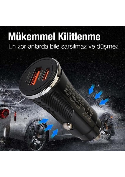 Polham Qc3.0 Süper Hızlı 48W 1x Type C, 1x USB Girişli Araç Şarj Başlığı, 12/24V Tüm Çakmaklık, Yüksek Akım Korumalı Çakmaklık