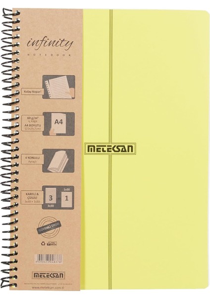 Infinity Primary Serisi, A4, 4 Konulu (3 Kareli, 1 Çizgili) 120 Yaprak Pp Kapaklı Spiralli Defter, Sarı