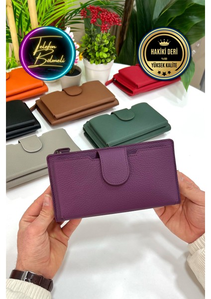 Unisex Mürdüm Zurich Hakiki Deri Telefon Bölmeli Cüzdan