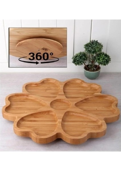 Bölmeli 25 cm Bambu Ahşap Döner Stantlı Servis Tabağı Kalp Şekilli Sunum Tepsisi Dönerli Bambu Ahşap Kahvaltılık Çerezlik