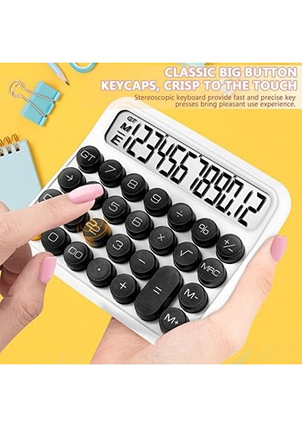 Mekanik Anahtar Hesap Makinesi, Masaüstü Hesap Makinesi 12 Haneli Büyük LCD Ekran Noel Için Büyük Düğme Hesap Makinesi Günlük ve Temel Ofis Için Beyaz Temizle Standart, Otomatik Uyku, Pil ile