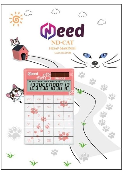Nd-Cat Pembe Kedi Pati Desenli Hesap Makinesi