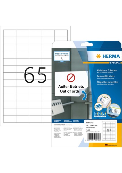 Evrensel Etiket Çıkarılabilir, 25 Yaprak, 38,1 x 21,2 Mm, A4 Yaprak Başına 65 Adet, 1625 Çıkartma, Kendinden Yapışkanlı, Yazdırılabilir, Mat, Beyaz