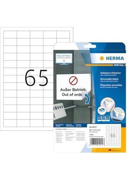 Evrensel Etiket Çıkarılabilir, 25 Yaprak, 38,1 x 21,2 Mm, A4 Yaprak Başına 65 Adet, 1625 Çıkartma, Kendinden Yapışkanlı, Yazdırılabilir, Mat, Beyaz